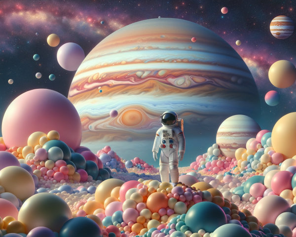 Astronaut in Surreal Landscape with Jupiter and Spheres