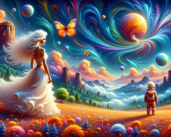 Surreal Landscape with Woman and Child in Meadow