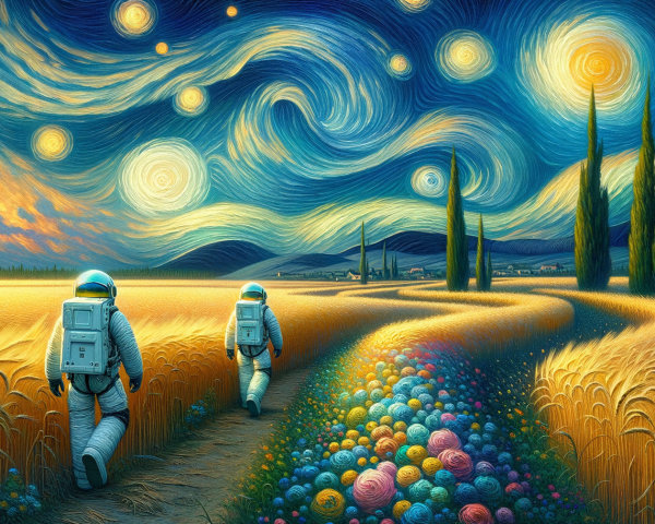 Surreal Landscape with Astronauts and Starry Sky