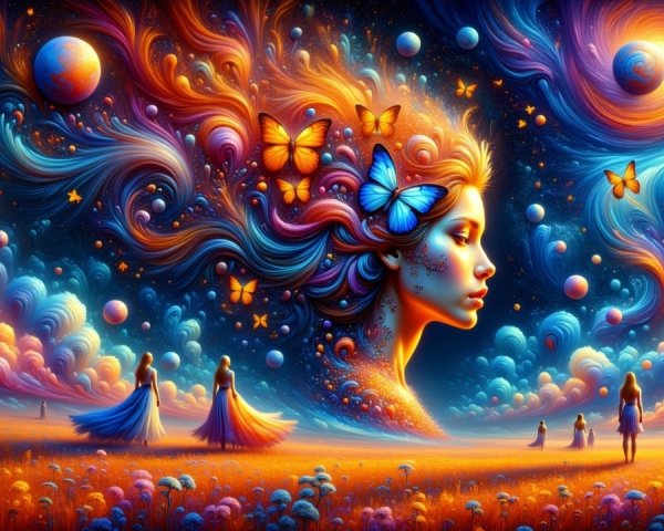 Surreal Landscape with Cosmic Colors and Butterflies