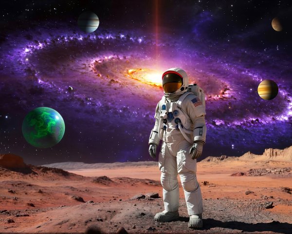 Astronaut on Martian Landscape with Galaxy Background