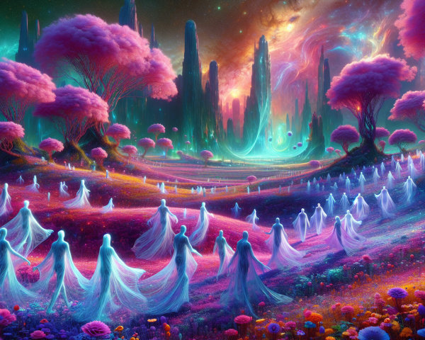 Surreal Landscape with Ethereal Figures and Crystalline Forms