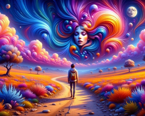 Surreal Landscape with Colorful Foliage and Clouds