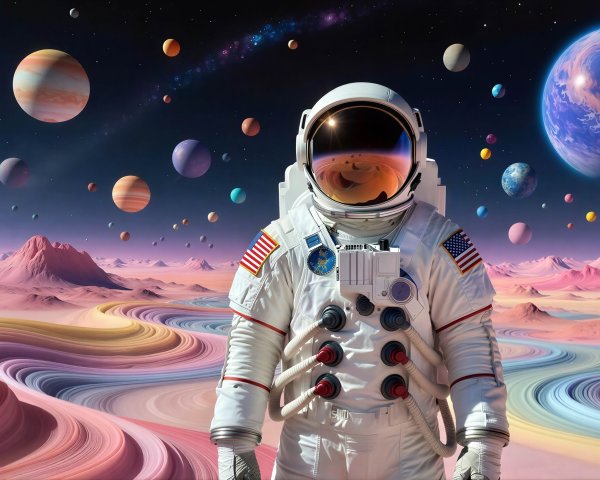 Surreal Cosmic Landscape with Astronaut and Vibrant Planets
