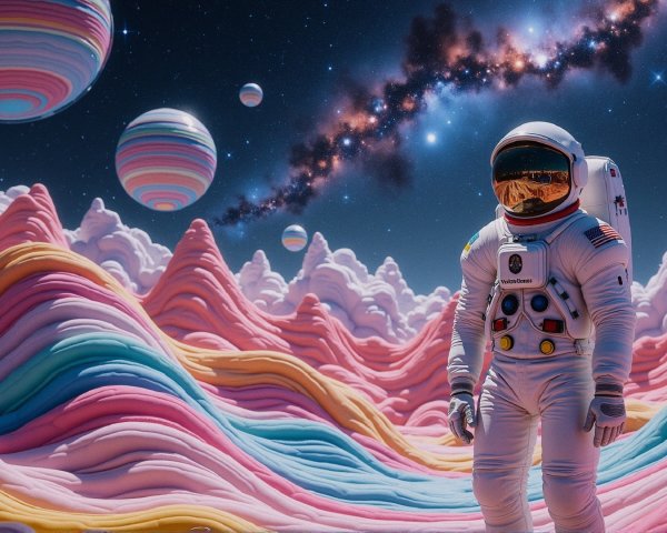 Astronaut in White Suit on Colorful Alien Landscape