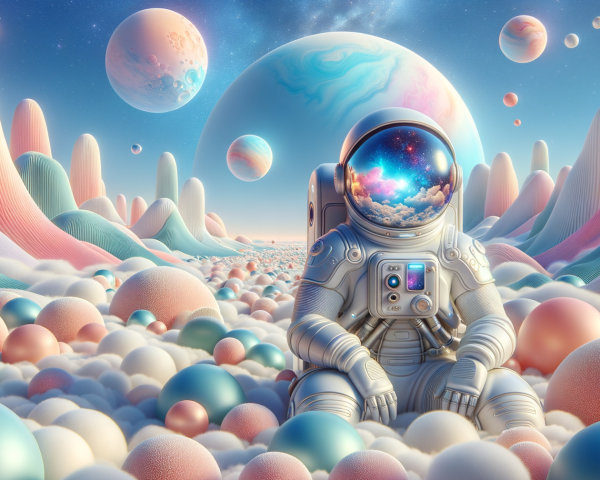 Surreal Cosmic Landscape with Astronaut and Planets