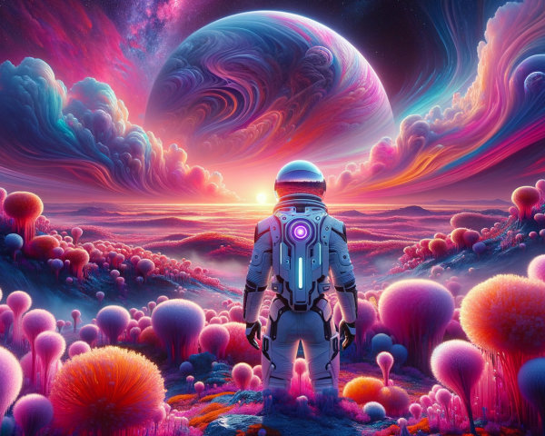 Astronaut in Colorful Alien Landscape with Cosmic Sky