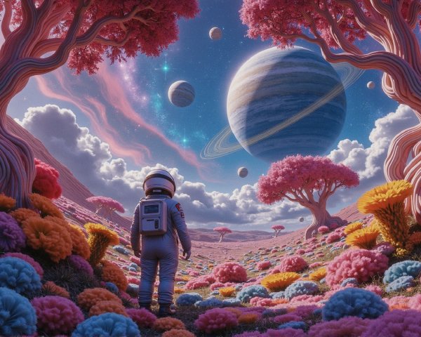 Astronaut in a Surreal Alien Landscape with Colorful Flora