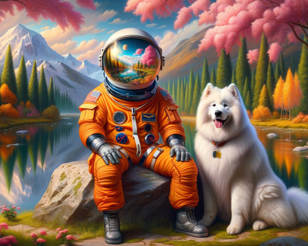 Astronaut and Samoyed Dog by a Serene Lake Scene