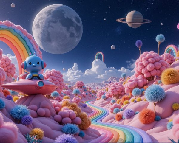 Whimsical Landscape with Colorful Trees and Rainbows