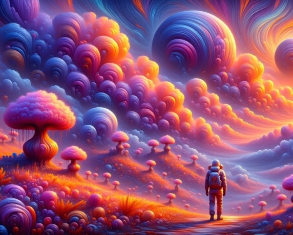 Surreal Landscape with Astronaut and Glowing Planets