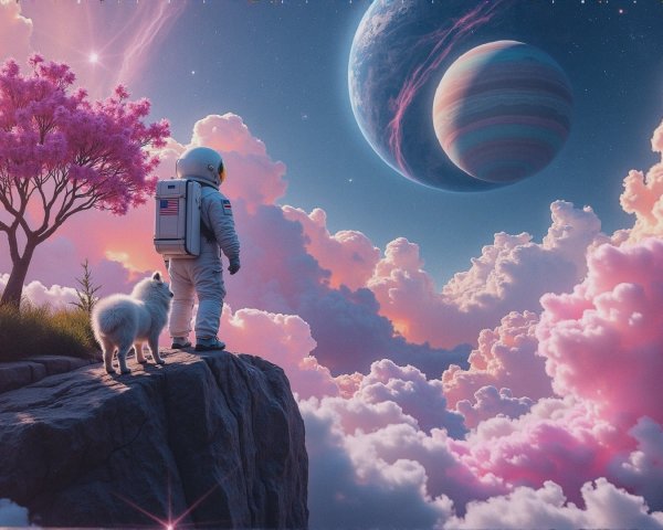 Astronaut and Dog Amidst Colorful Sky and Planet