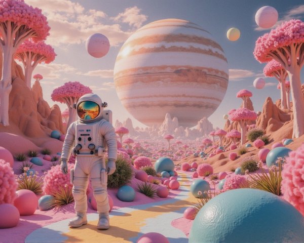 Surreal Landscape with Astronaut and Vibrant Trees
