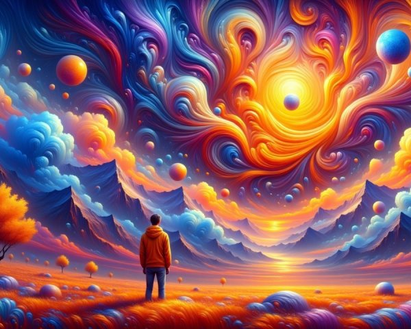 Surreal Landscape with Colorful Sky and Mountains