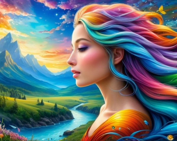 Serene Landscape with Woman and Colorful Hair