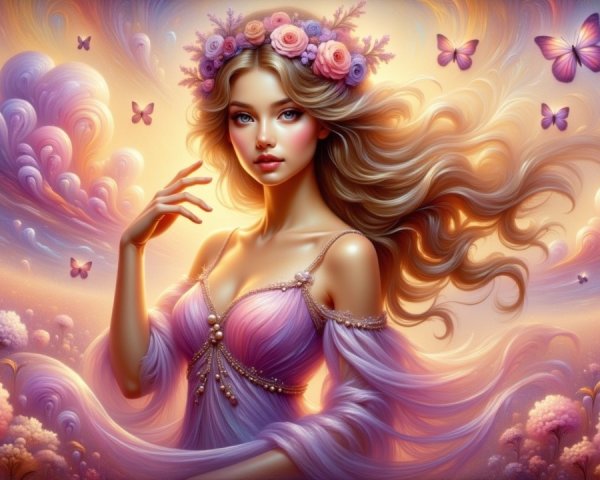 Ethereal Woman in Floral Crown Surrounded by Clouds
