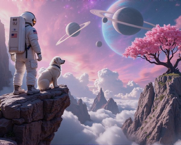 Astronaut and Dog Overlook Vibrant Alien Landscape