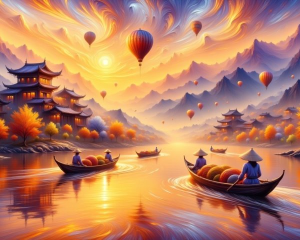 Hot Air Balloons Over Mountains at Sunset Landscape