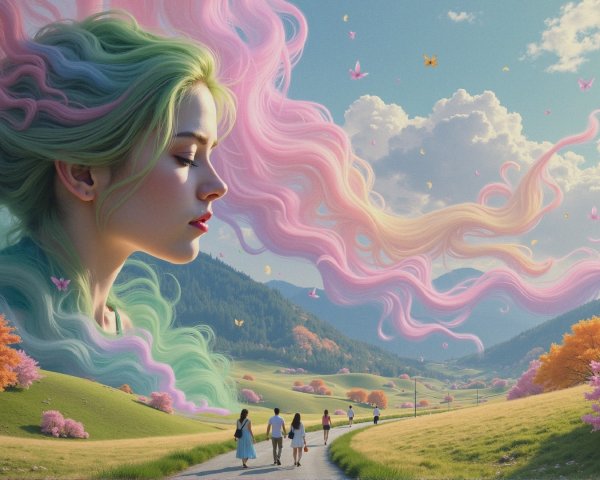 Surreal Landscape with Woman and Cherry Blossoms