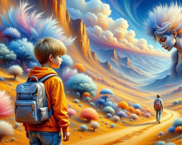 Surreal Landscape with Boy and Ethereal Figure