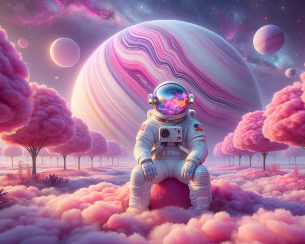 Astronaut on Pink Cloud in Surreal Dreamlike Landscape