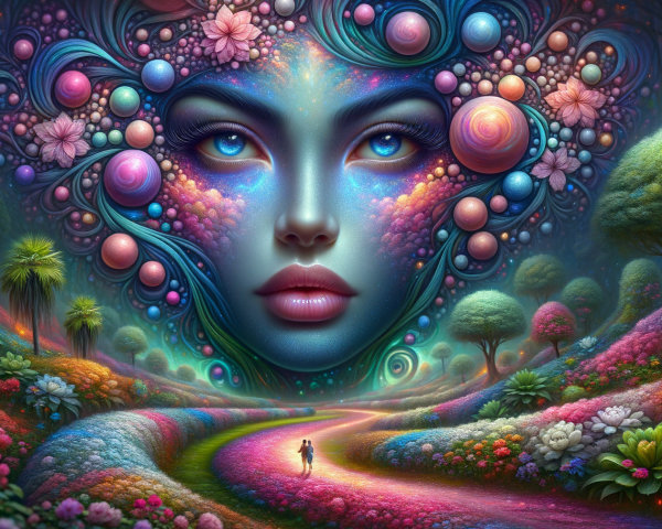 Surreal Landscape with Ethereal Face and Blossoms