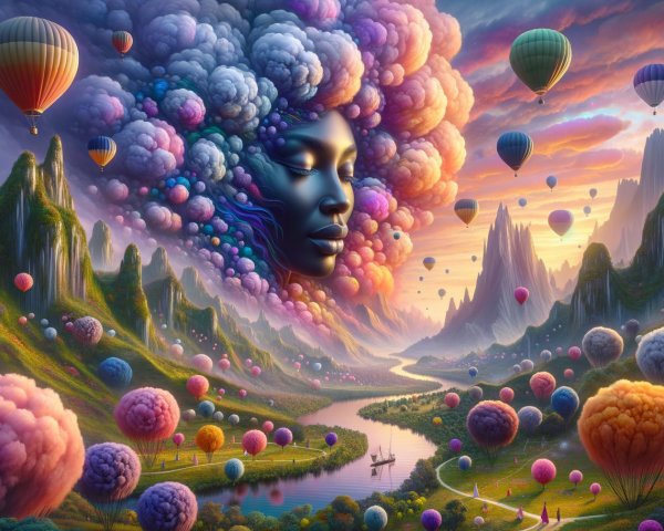 Surreal Landscape with Mystical Figure and Balloons