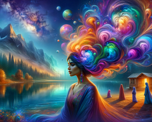 Woman by Lake with Colorful Hair in Twilight Landscape
