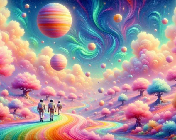 Astronauts in a Colorful Dreamlike Landscape