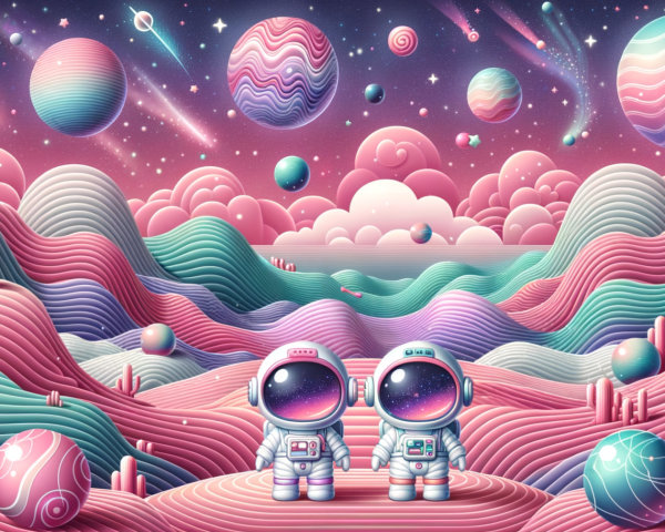 Cartoon Astronauts on Vibrant Extraterrestrial Landscape