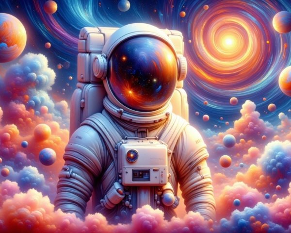 Astronaut in a Colorful Cosmic Landscape with Stars