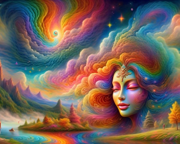 Surreal Landscape with Serene Woman's Face and Nature