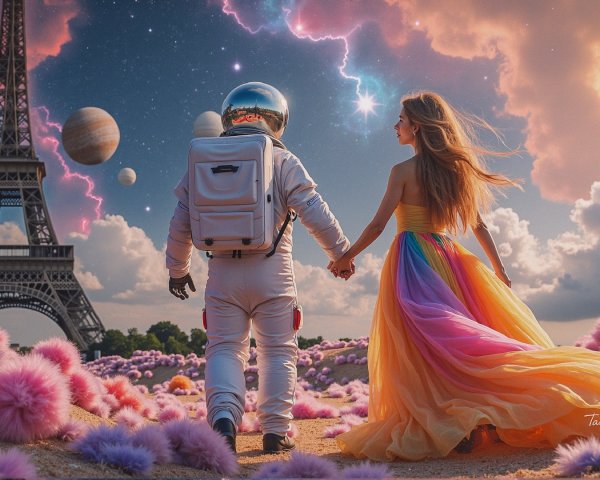 Astronaut and Figure in Dreamy Landscape with Eiffel Tower