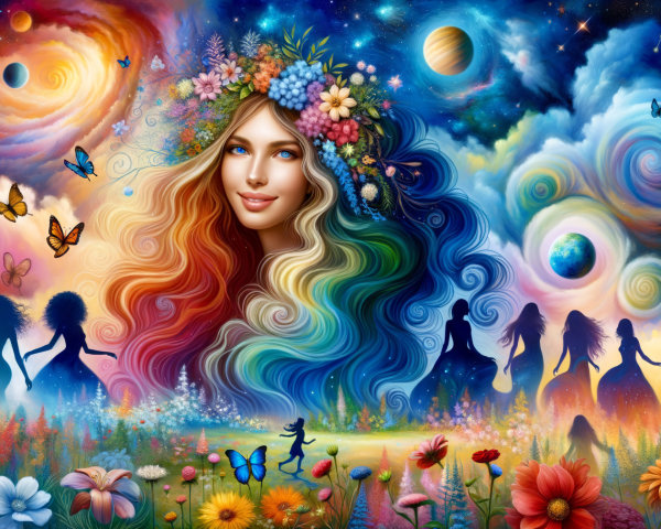 Surreal Landscape with Colorful Woman and Galaxies