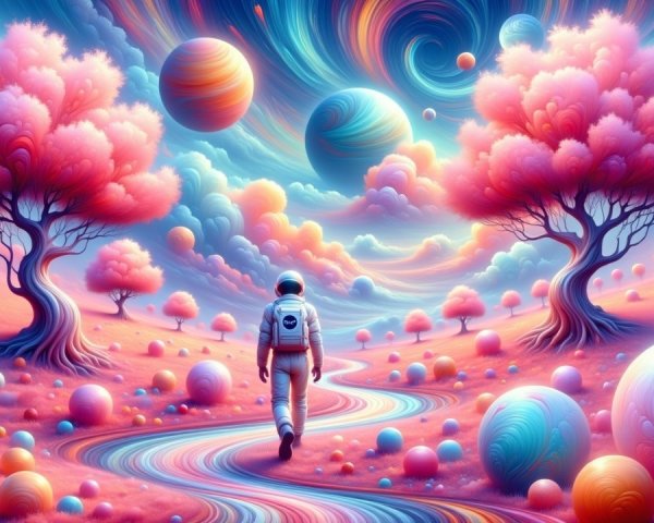 Surreal Landscape with Pink Trees and Planets