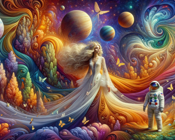 Whimsical Cosmic Scene with Graceful Figure and Butterflies