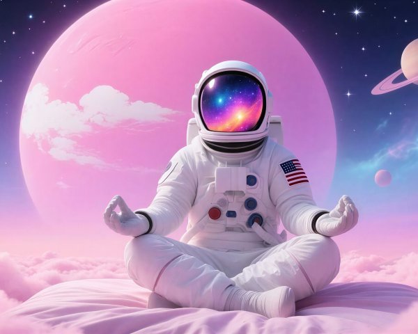 Astronaut Meditating on Pink Cloud with Cosmic Background