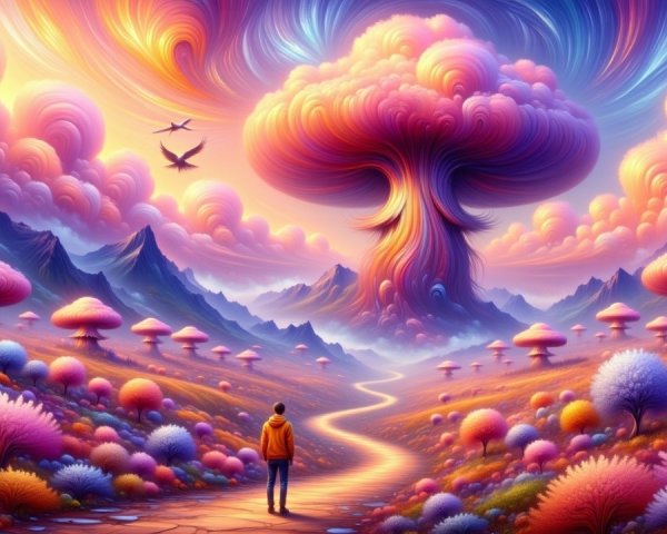 Surreal Landscape with Vibrant Clouds and Mushroom Formation