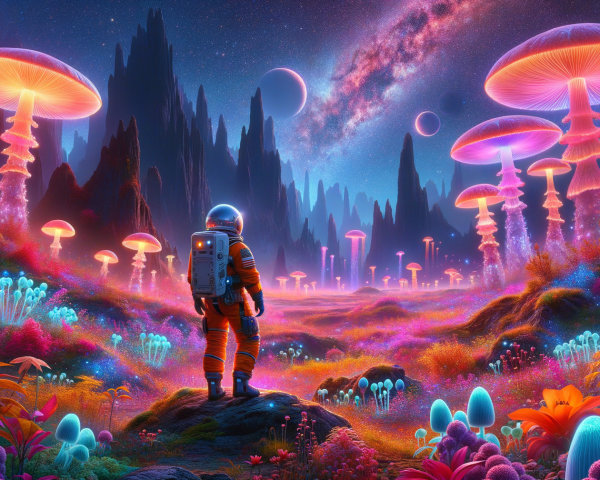 Astronaut in Vibrant Alien Landscape with Luminescent Flora