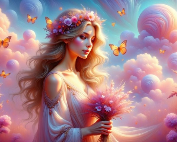 Serene Woman in Floral Crown Amid Dreamy Landscape