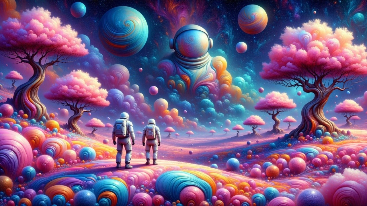 Surreal Landscape with Astronauts and Colorful Elements