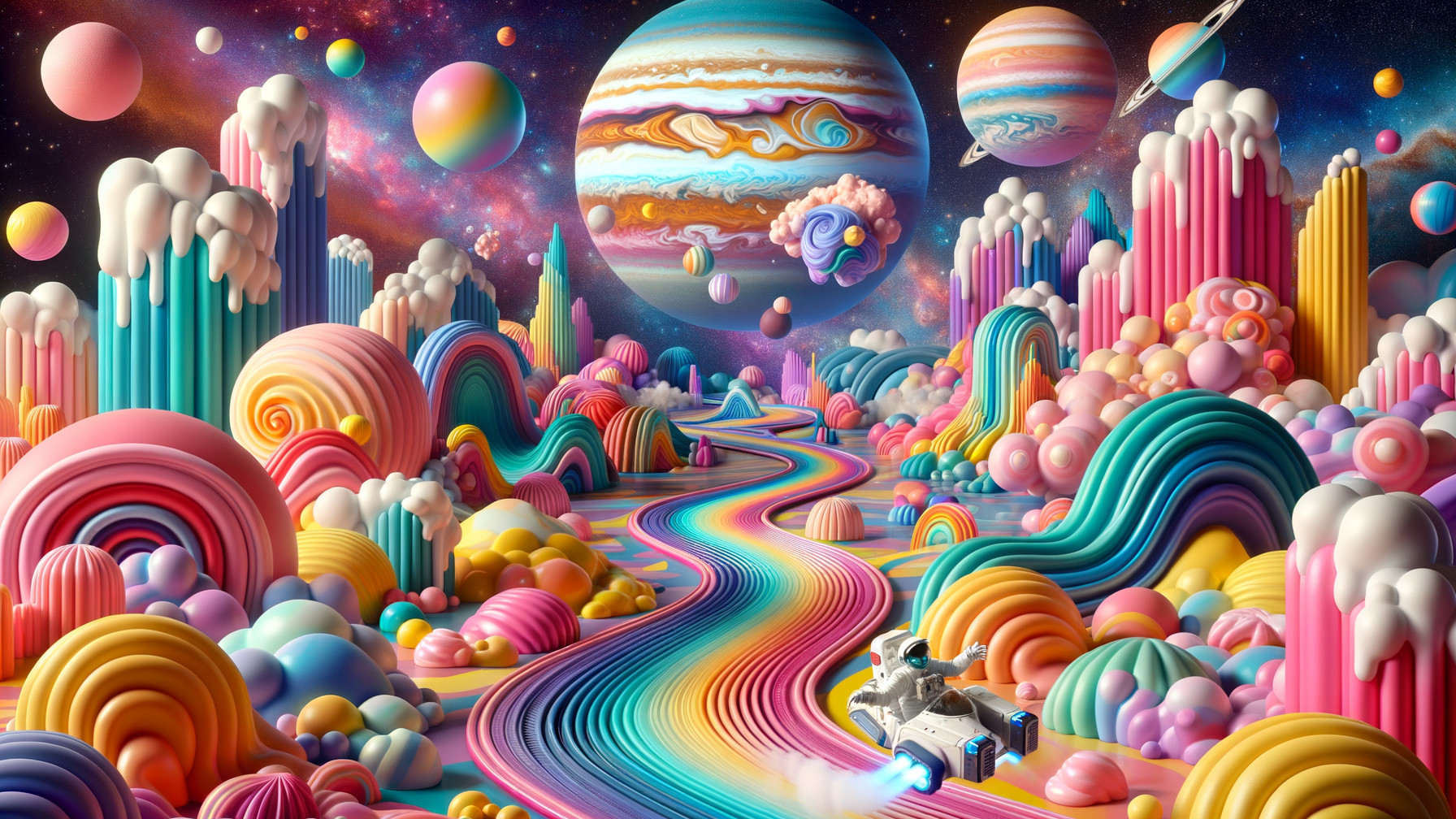 Whimsical Landscape with Colorful Spirals and Cosmos
