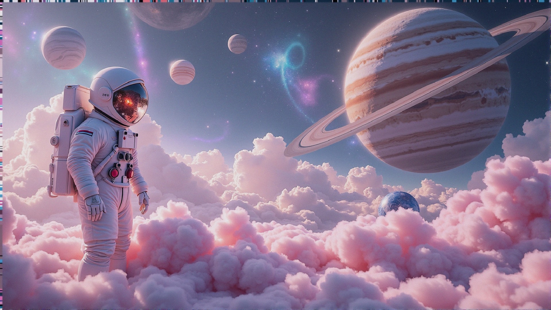 Astronaut in Dreamlike Cosmic Scene with Colorful Planets