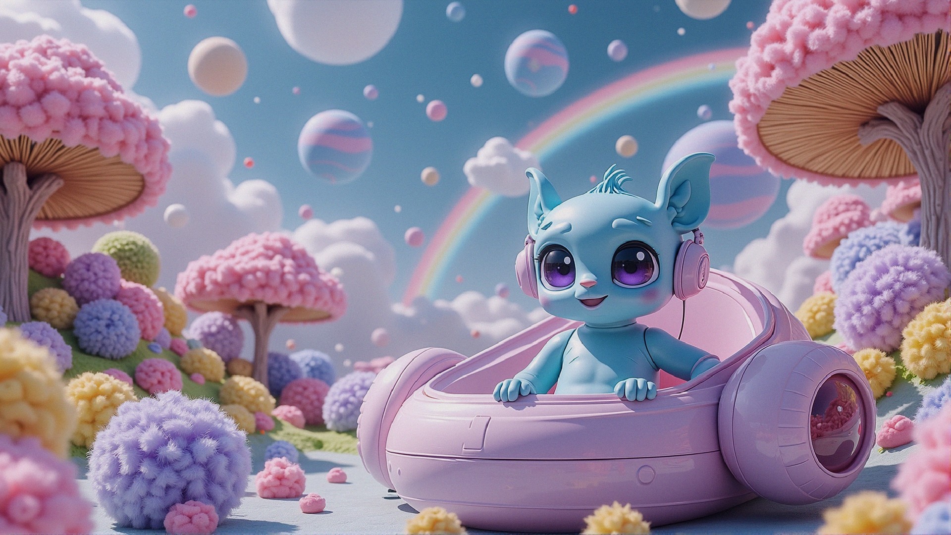 Whimsical Landscape with Colorful Trees and Characters