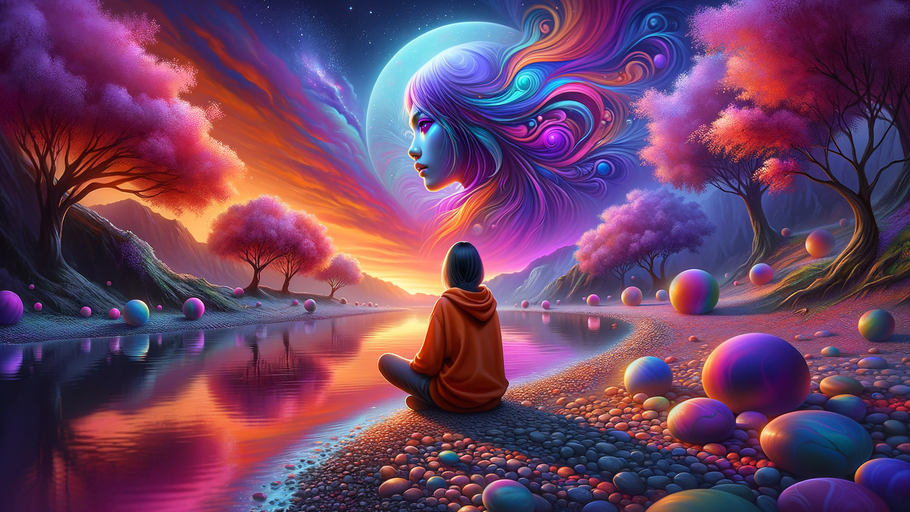 Vibrant Landscape with Shimmering River and Moonlit Sky