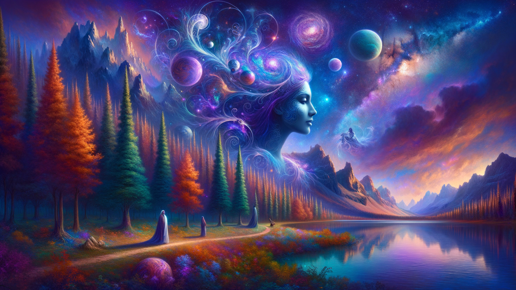 Surreal Landscape with Vibrant Forests and Mountains