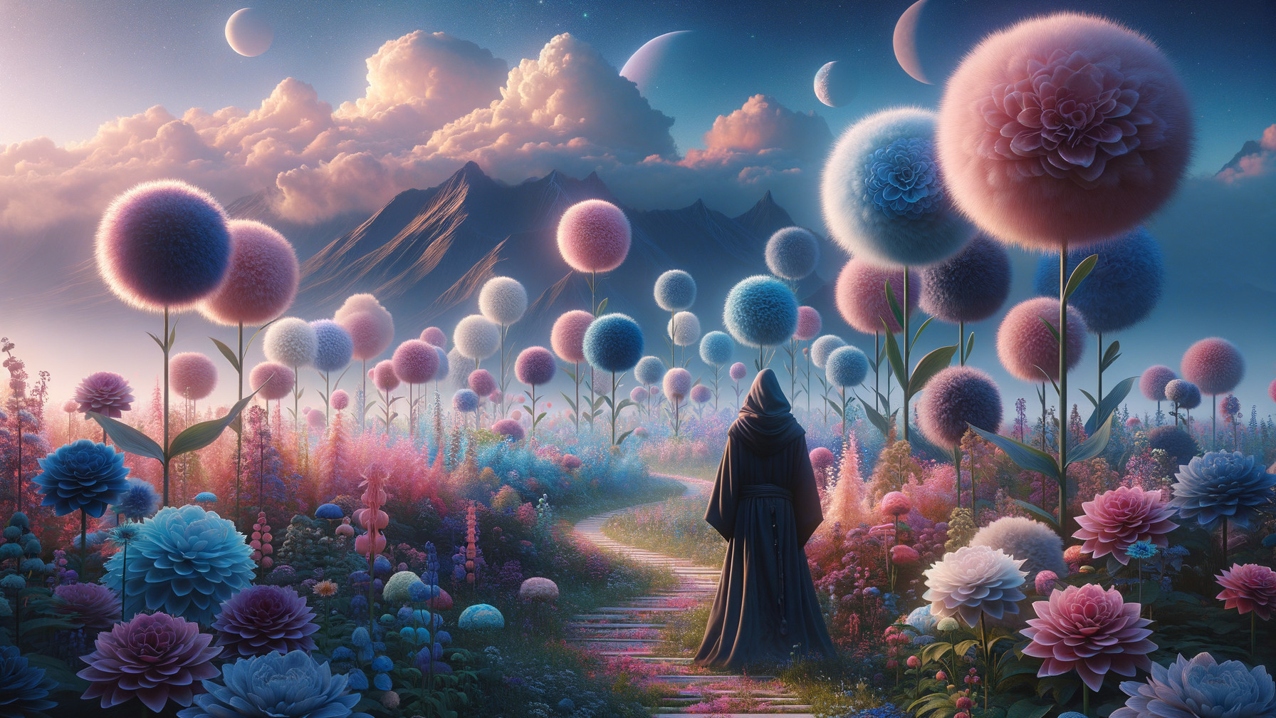 Cloaked Figure in Surreal Landscape with Colorful Flowers