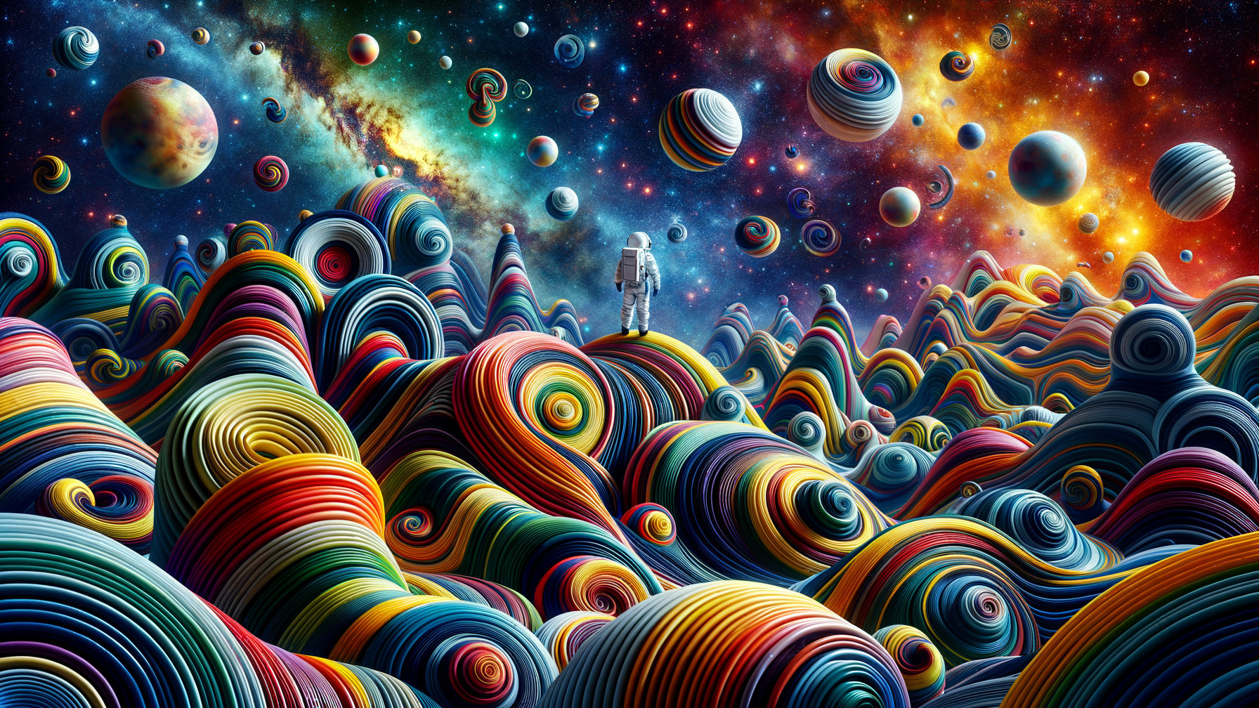 Surreal Landscape with Vibrant Hills and Galaxy View