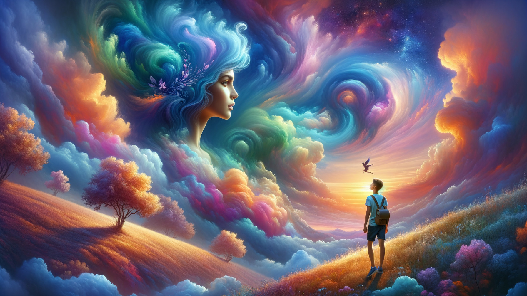 Young boy in vibrant dreamlike landscape with ethereal figure