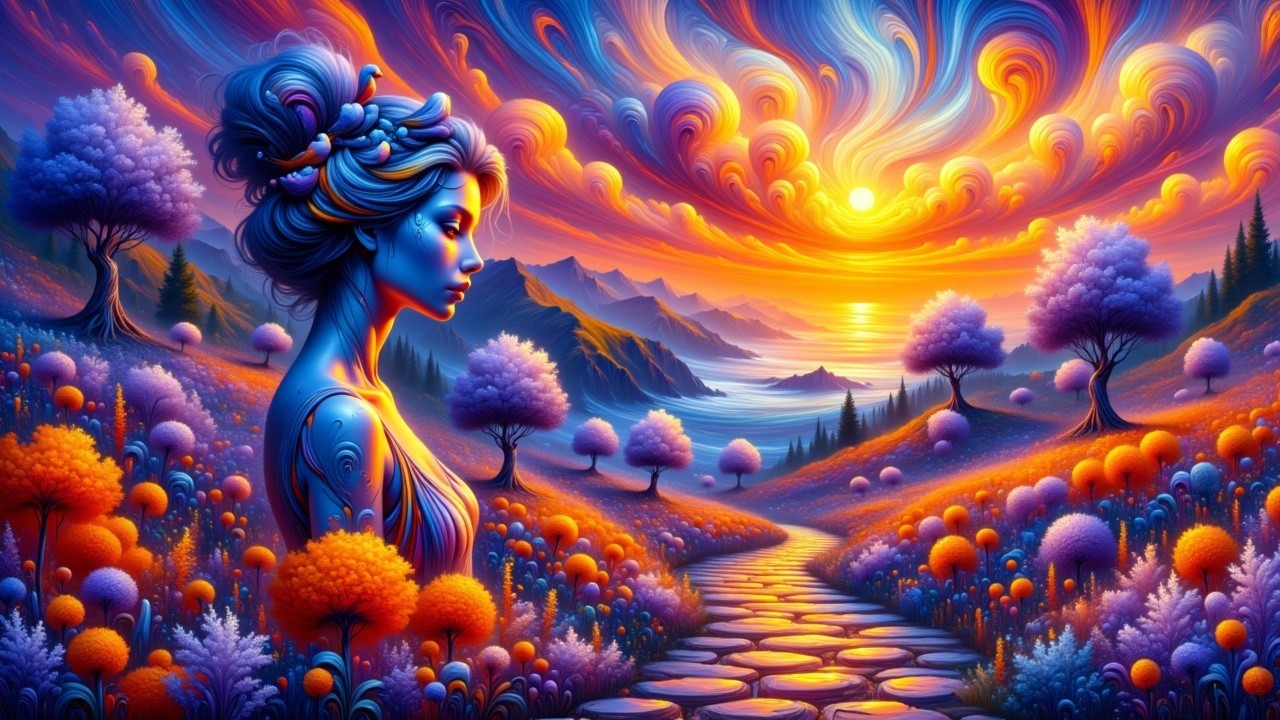 Surreal Landscape with Colorful Sunset and Blue Figure
